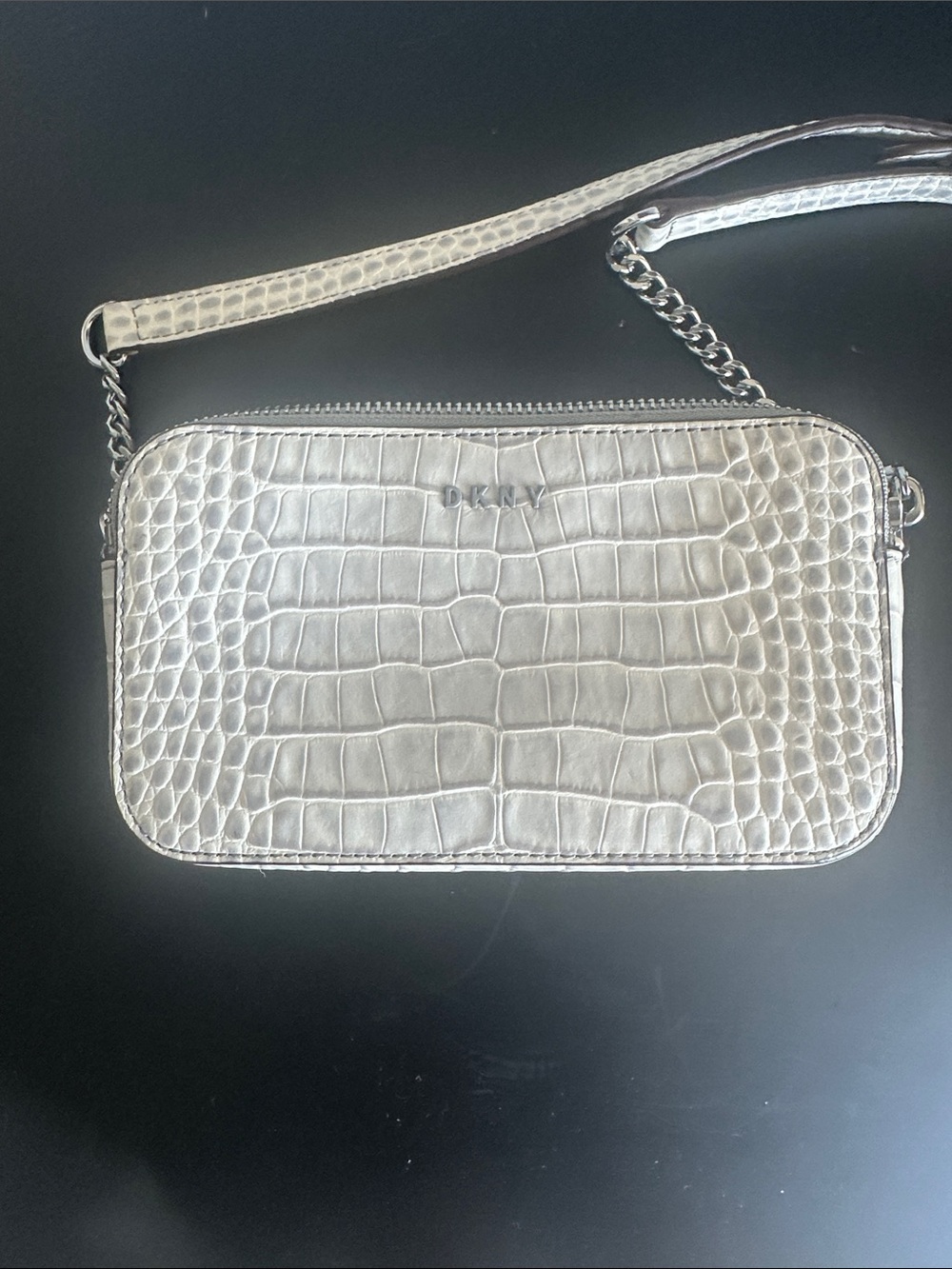 DKNY Silver Croc-Embossed Crossbody Camera Bag